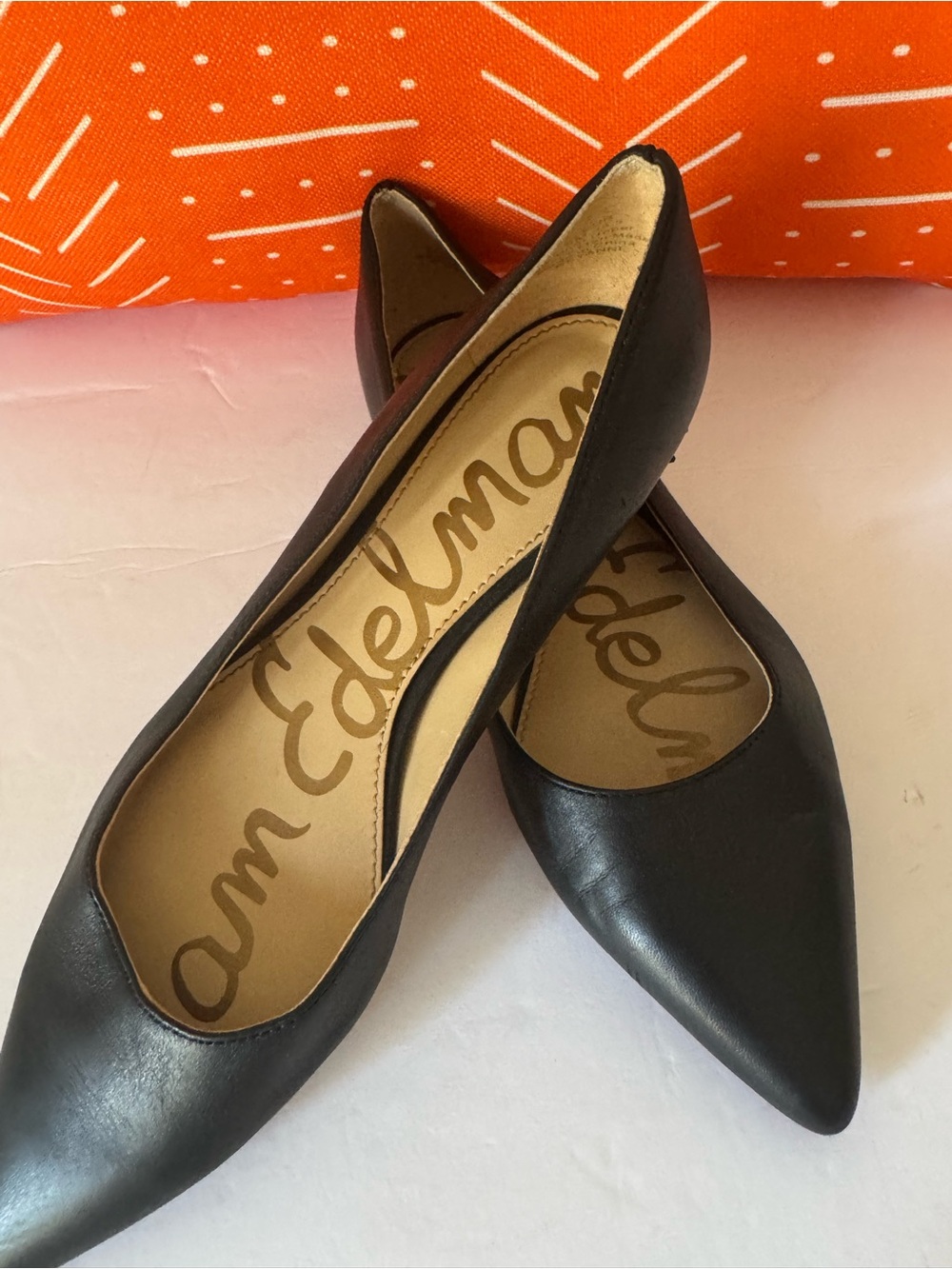 Sam Edelman Black Pointed-Toe Supple Leather Flats — spike Accents on Low Heel